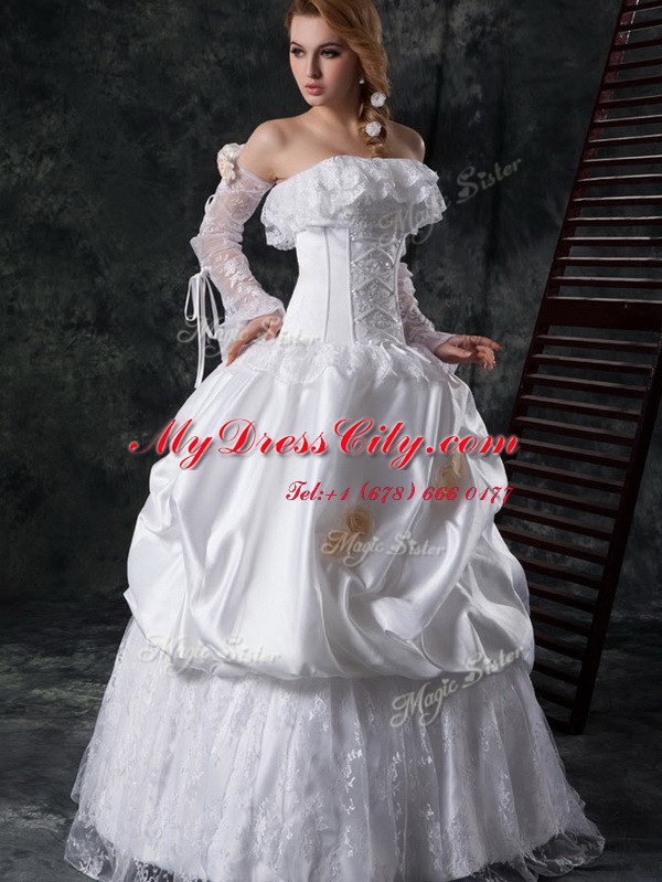 Cheap White Bridal Gown Wedding Party and For with Lace and Appliques and Pick Ups Strapless Sleeveless Lace Up