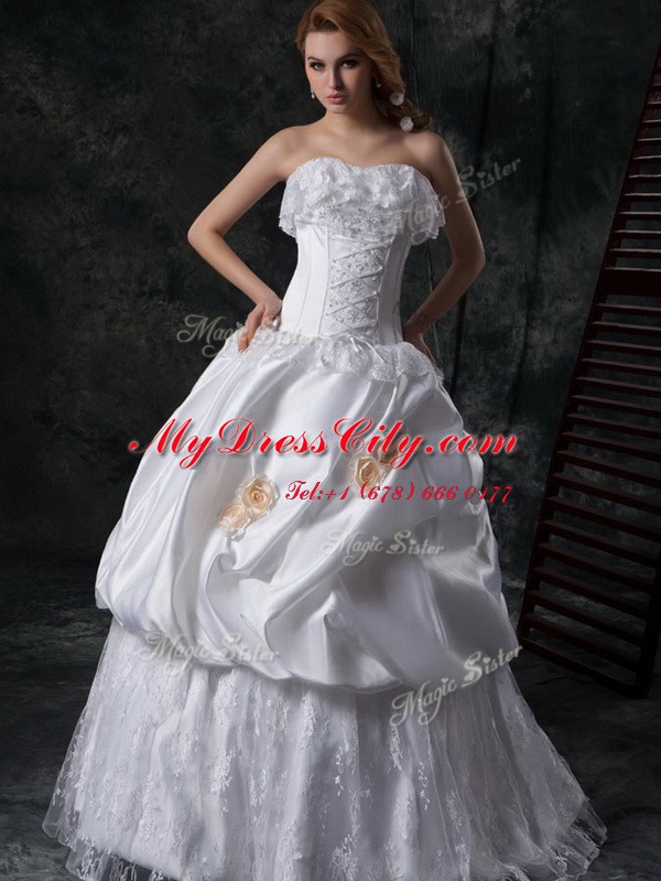 Cheap White Bridal Gown Wedding Party and For with Lace and Appliques and Pick Ups Strapless Sleeveless Lace Up