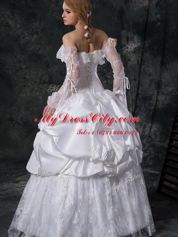 Cheap White Bridal Gown Wedding Party and For with Lace and Appliques and Pick Ups Strapless Sleeveless Lace Up