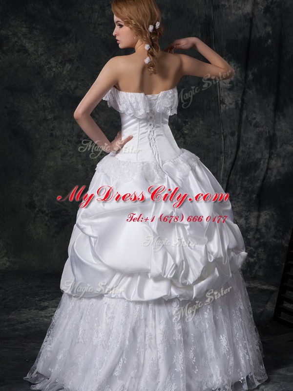 Cheap White Bridal Gown Wedding Party and For with Lace and Appliques and Pick Ups Strapless Sleeveless Lace Up