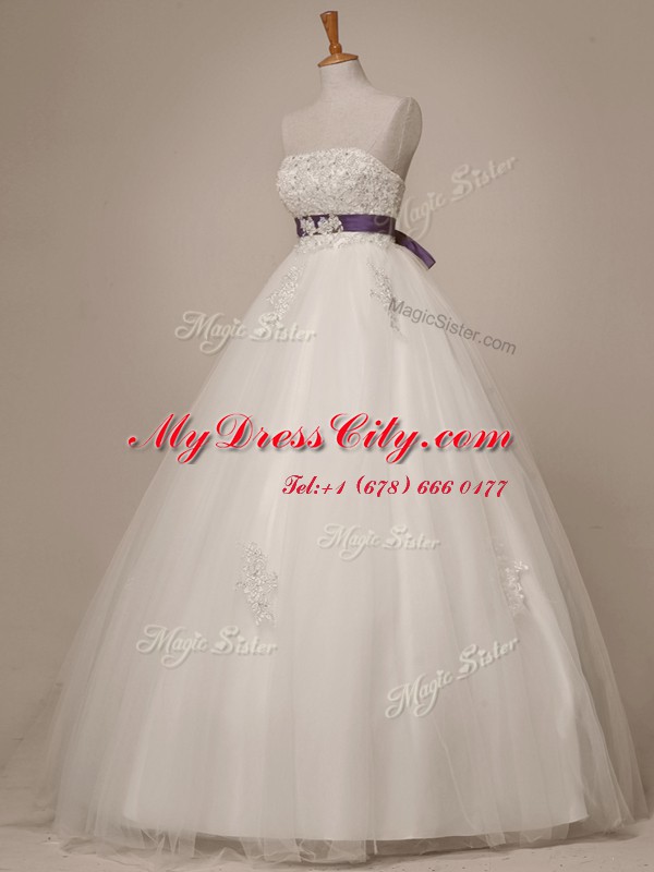 White Sleeveless Beading and Appliques and Sashes ribbons Floor Length Wedding Gown