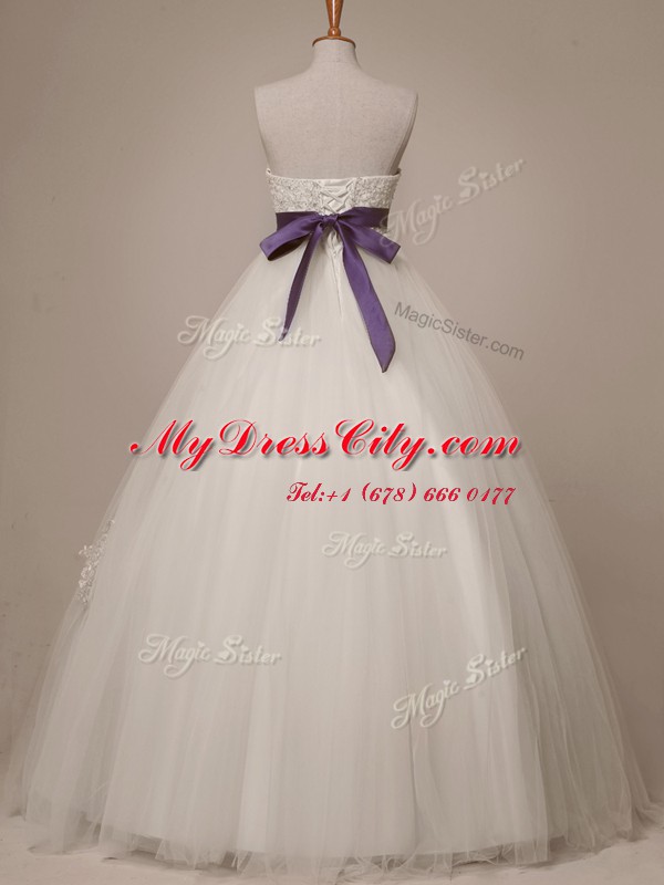 White Sleeveless Beading and Appliques and Sashes ribbons Floor Length Wedding Gown