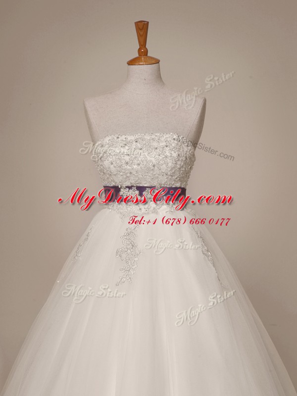 White Sleeveless Beading and Appliques and Sashes ribbons Floor Length Wedding Gown