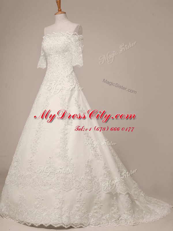 High Class Scalloped White Half Sleeves Lace Sweep Train Zipper Bridal Gown for Wedding Party