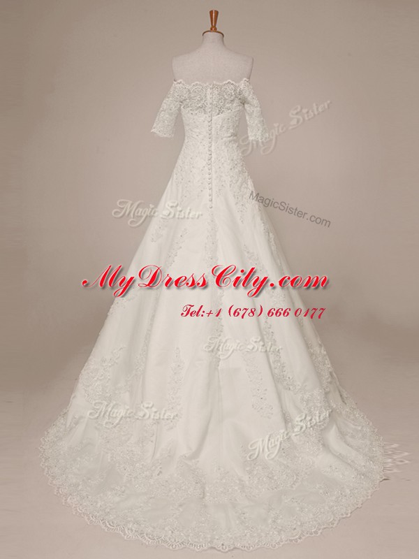 High Class Scalloped White Half Sleeves Lace Sweep Train Zipper Bridal Gown for Wedding Party