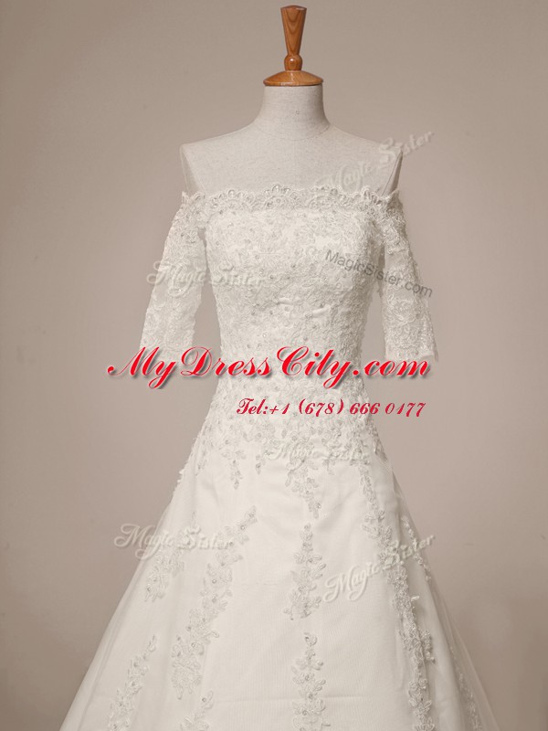 High Class Scalloped White Half Sleeves Lace Sweep Train Zipper Bridal Gown for Wedding Party