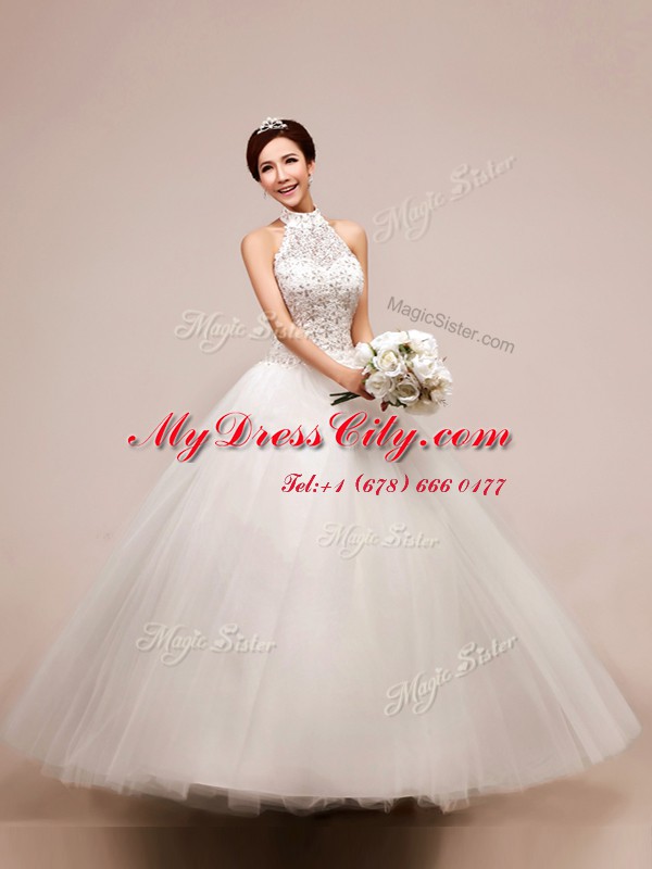 Designer Halter Top White Sleeveless High Low Beading and Appliques Lace Up Wedding Dress