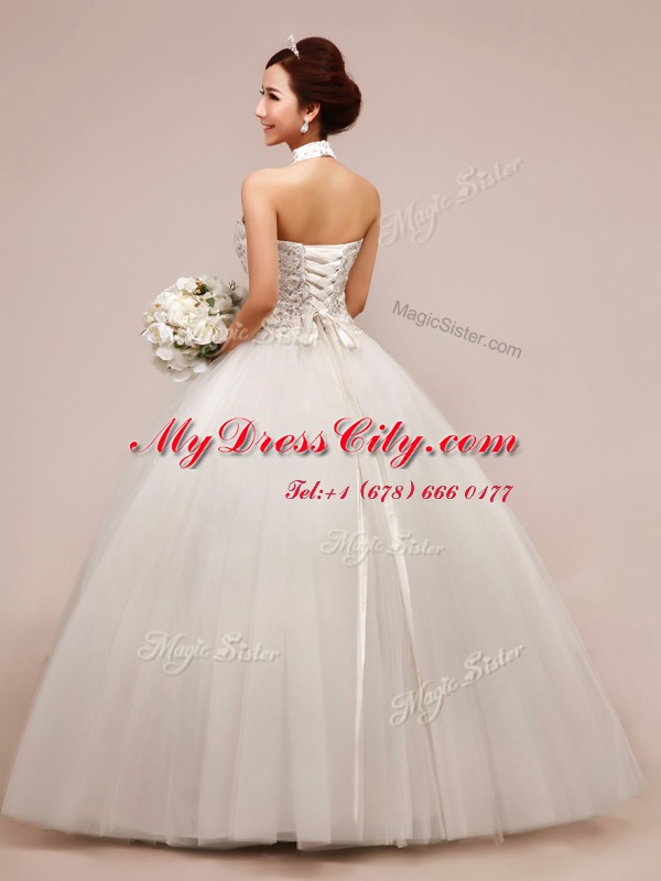 Designer Halter Top White Sleeveless High Low Beading and Appliques Lace Up Wedding Dress