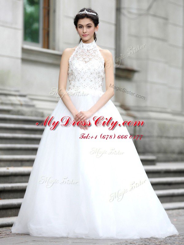 White Zipper Wedding Dresses Lace Sleeveless Floor Length