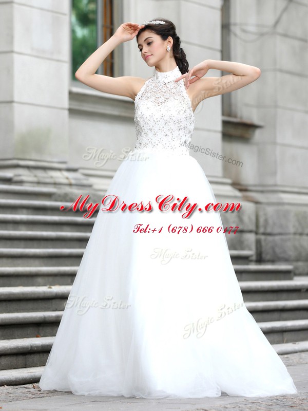 White Zipper Wedding Dresses Lace Sleeveless Floor Length