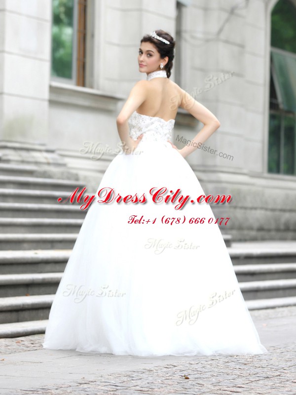 White Zipper Wedding Dresses Lace Sleeveless Floor Length