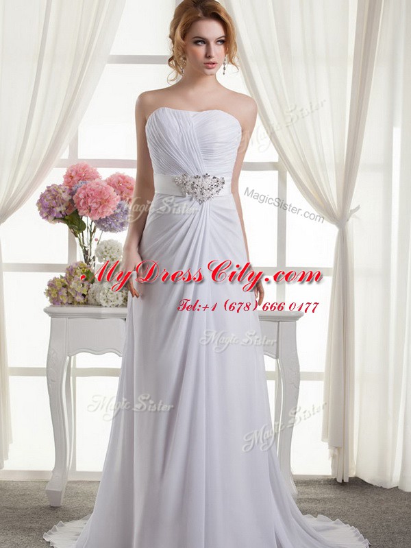 Unique White Sleeveless Chiffon Sweep Train Lace Up Wedding Dresses for Wedding Party