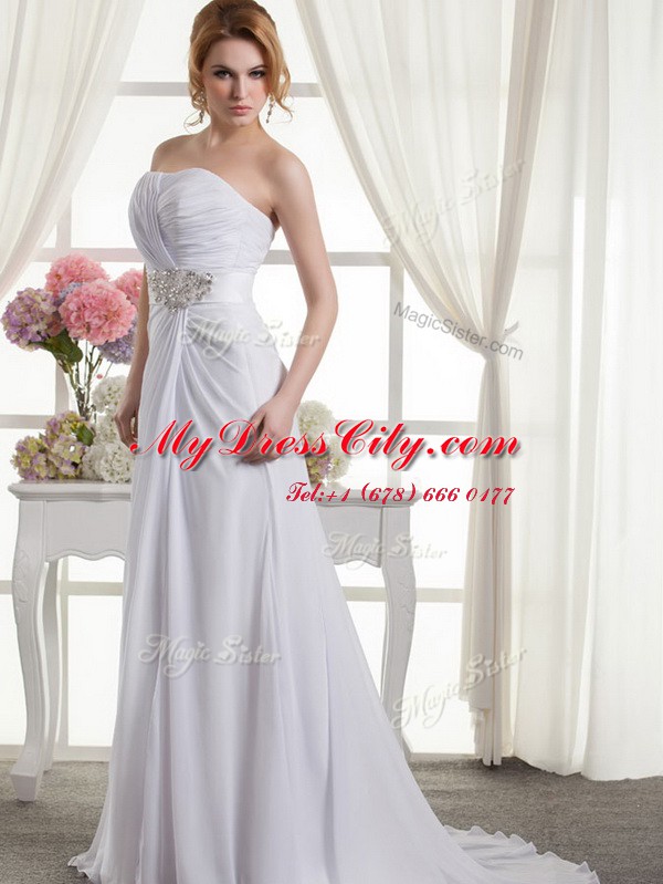 Unique White Sleeveless Chiffon Sweep Train Lace Up Wedding Dresses for Wedding Party