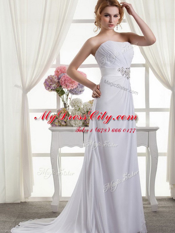 Unique White Sleeveless Chiffon Sweep Train Lace Up Wedding Dresses for Wedding Party