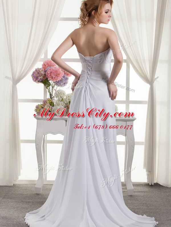 Unique White Sleeveless Chiffon Sweep Train Lace Up Wedding Dresses for Wedding Party