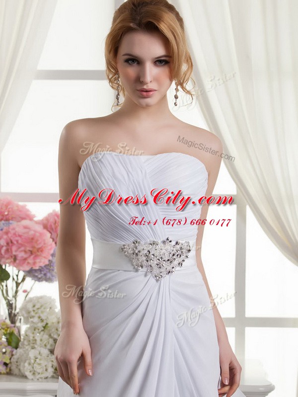 Unique White Sleeveless Chiffon Sweep Train Lace Up Wedding Dresses for Wedding Party