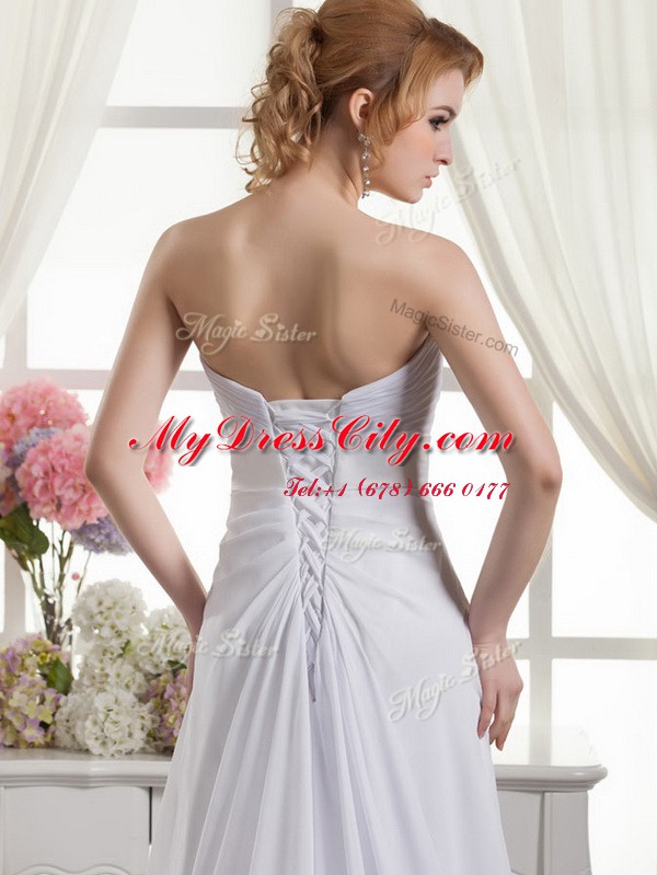 Unique White Sleeveless Chiffon Sweep Train Lace Up Wedding Dresses for Wedding Party