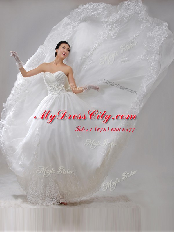 Organza Sweetheart Sleeveless Brush Train Lace Up Beading and Lace and Appliques and Ruching Wedding Dress in White