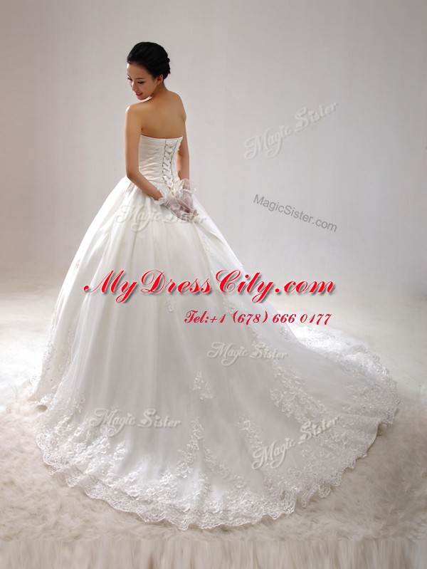 Organza Sweetheart Sleeveless Brush Train Lace Up Beading and Lace and Appliques and Ruching Wedding Dress in White