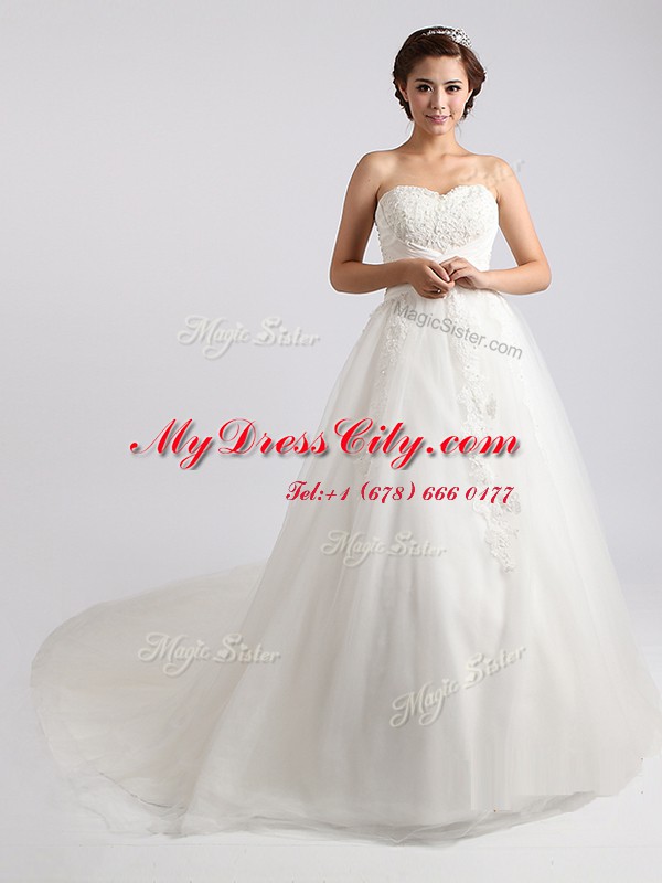 White Lace Up Wedding Gown Beading and Appliques Sleeveless With Train Court Train