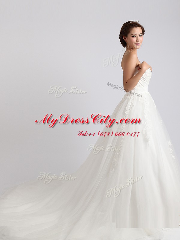 White Lace Up Wedding Gown Beading and Appliques Sleeveless With Train Court Train