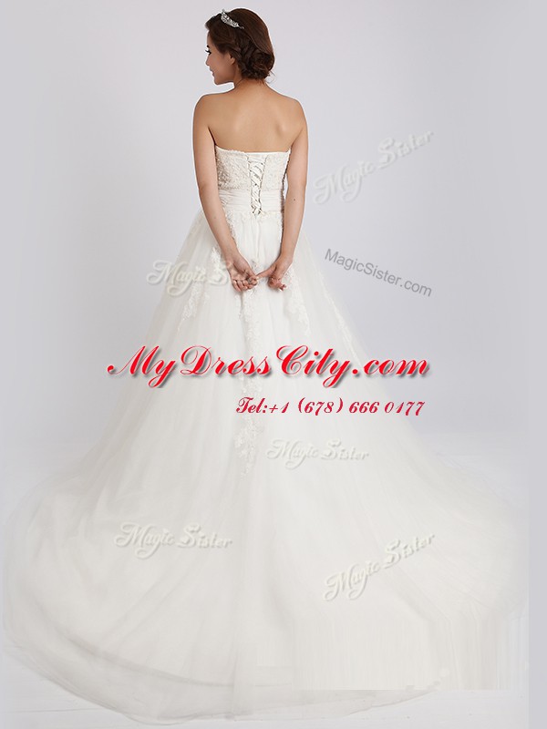 White Lace Up Wedding Gown Beading and Appliques Sleeveless With Train Court Train