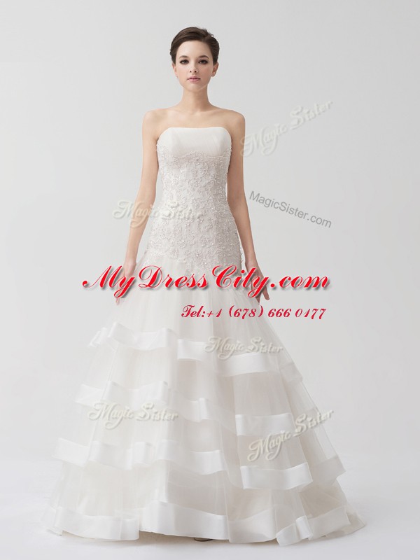 White Lace Up Wedding Gowns Beading and Appliques and Ruffled Layers Sleeveless Brush Train