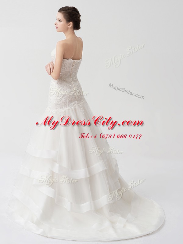 White Lace Up Wedding Gowns Beading and Appliques and Ruffled Layers Sleeveless Brush Train