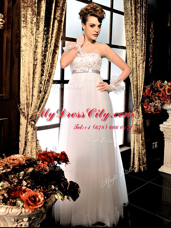 White Strapless Lace Up Lace and Belt Wedding Dresses Sleeveless