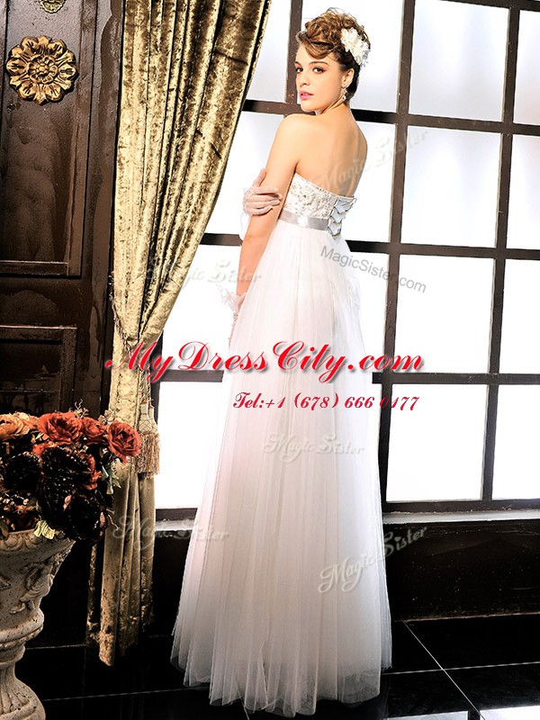 White Strapless Lace Up Lace and Belt Wedding Dresses Sleeveless