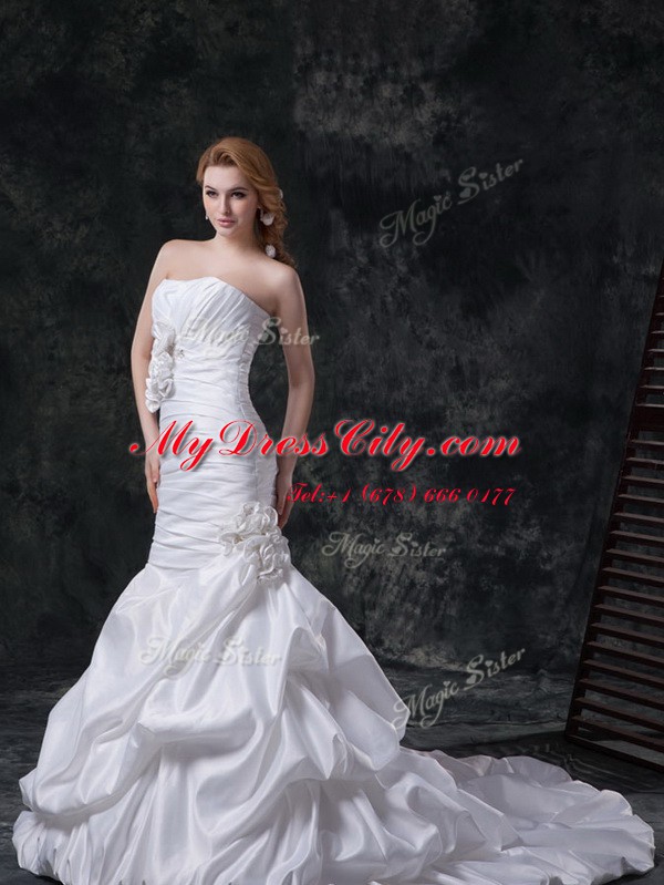 Mermaid White Wedding Gowns Wedding Party and For with Beading and Pick Ups and Hand Made Flower Strapless Sleeveless Brush Train Lace Up