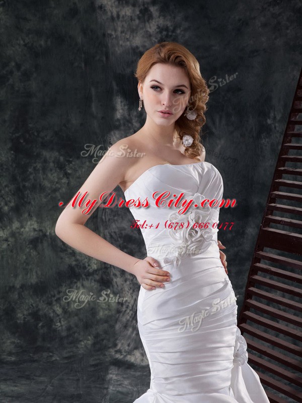 Mermaid White Wedding Gowns Wedding Party and For with Beading and Pick Ups and Hand Made Flower Strapless Sleeveless Brush Train Lace Up