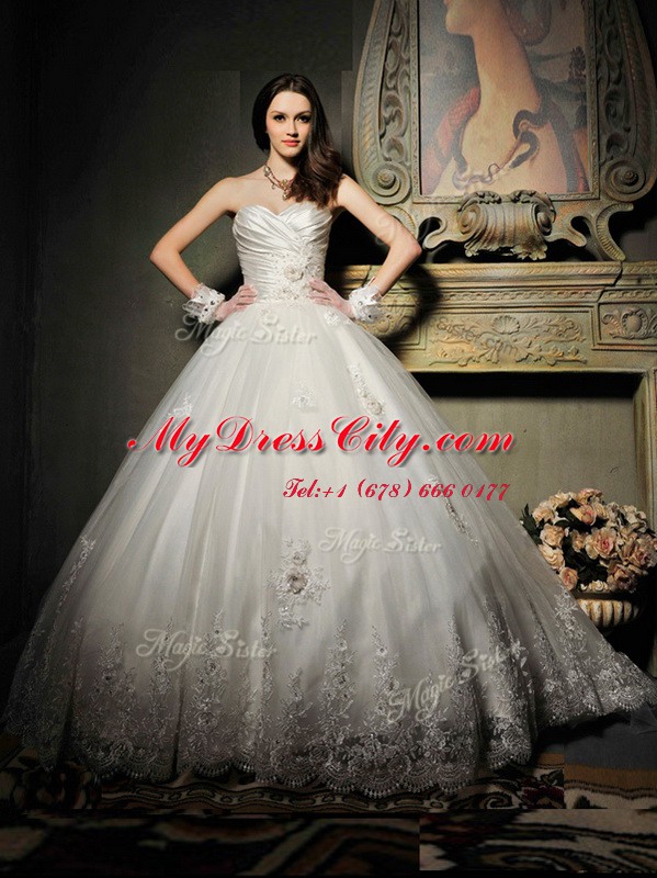 Most Popular White Tulle Lace Up Strapless Sleeveless Floor Length Wedding Gown Lace and Appliques and Ruching