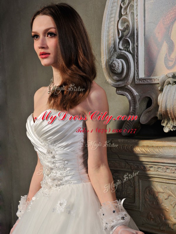 Most Popular White Tulle Lace Up Strapless Sleeveless Floor Length Wedding Gown Lace and Appliques and Ruching