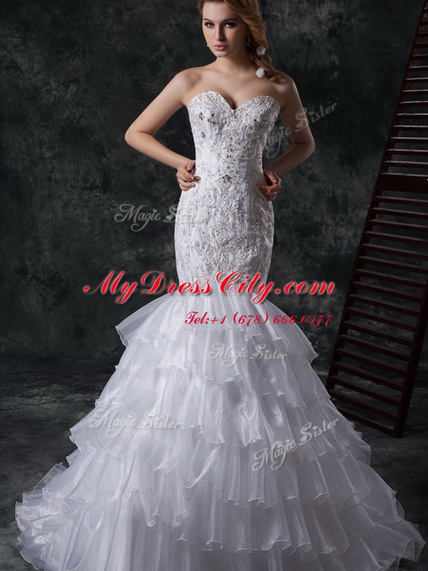 Elegant Mermaid Sweetheart Sleeveless Wedding Gown Brush Train Beading and Appliques and Ruffles White Organza