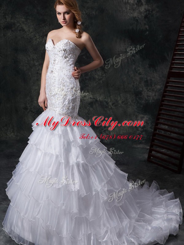 Elegant Mermaid Sweetheart Sleeveless Wedding Gown Brush Train Beading and Appliques and Ruffles White Organza