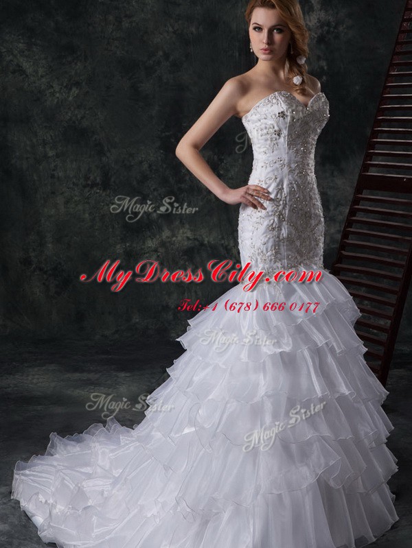 Elegant Mermaid Sweetheart Sleeveless Wedding Gown Brush Train Beading and Appliques and Ruffles White Organza