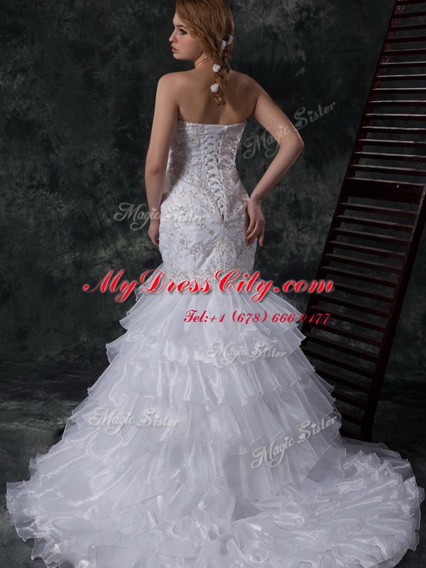 Elegant Mermaid Sweetheart Sleeveless Wedding Gown Brush Train Beading and Appliques and Ruffles White Organza