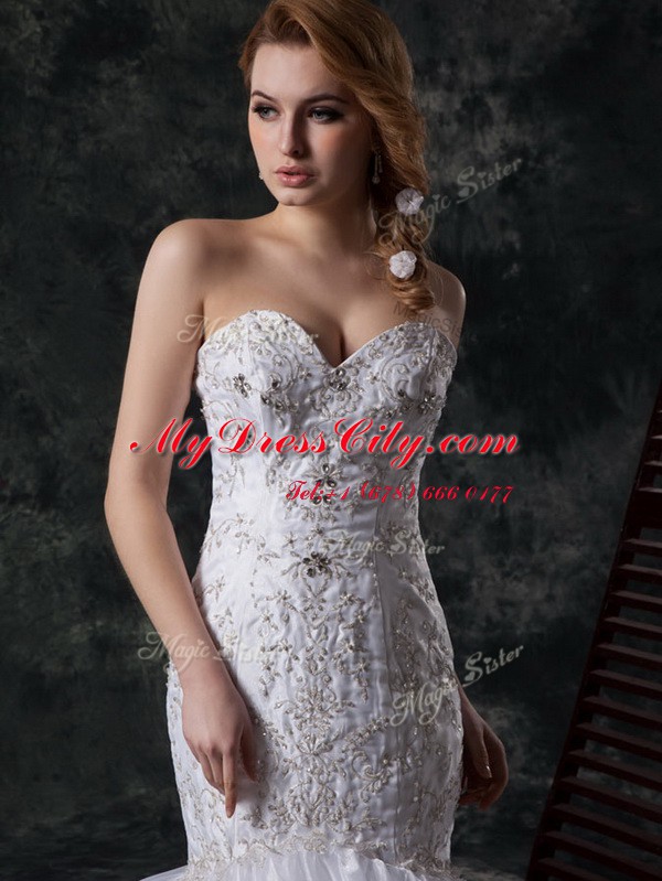 Elegant Mermaid Sweetheart Sleeveless Wedding Gown Brush Train Beading and Appliques and Ruffles White Organza