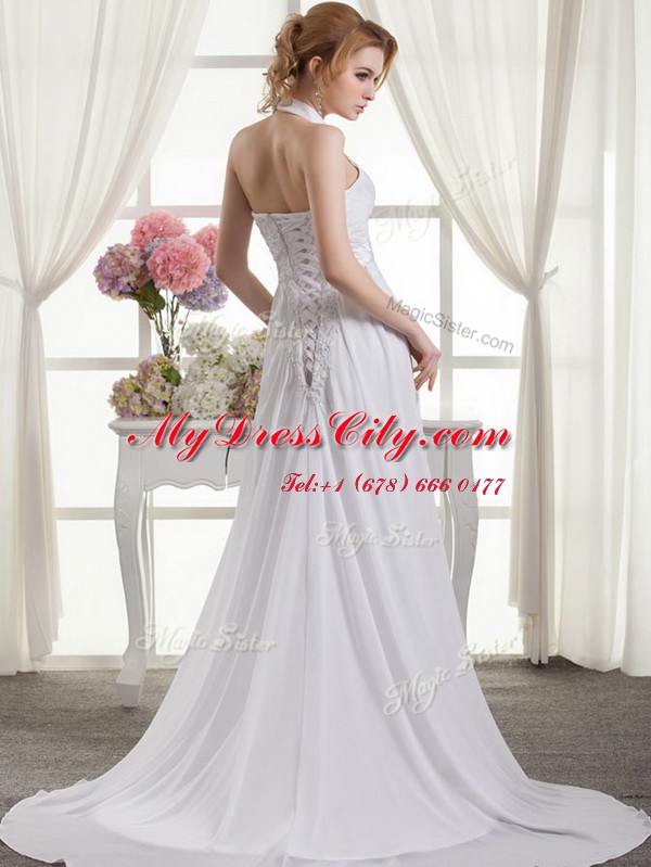 Classical Halter Top Column/Sheath Sleeveless White Wedding Gown Lace Up