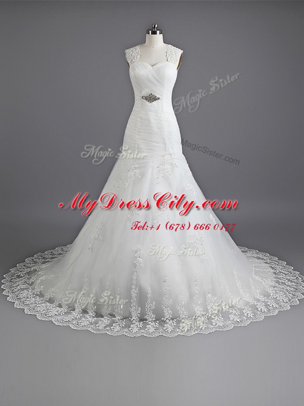 Mermaid Sweetheart Sleeveless Wedding Gown With Train Chapel Train Beading and Lace White Lace