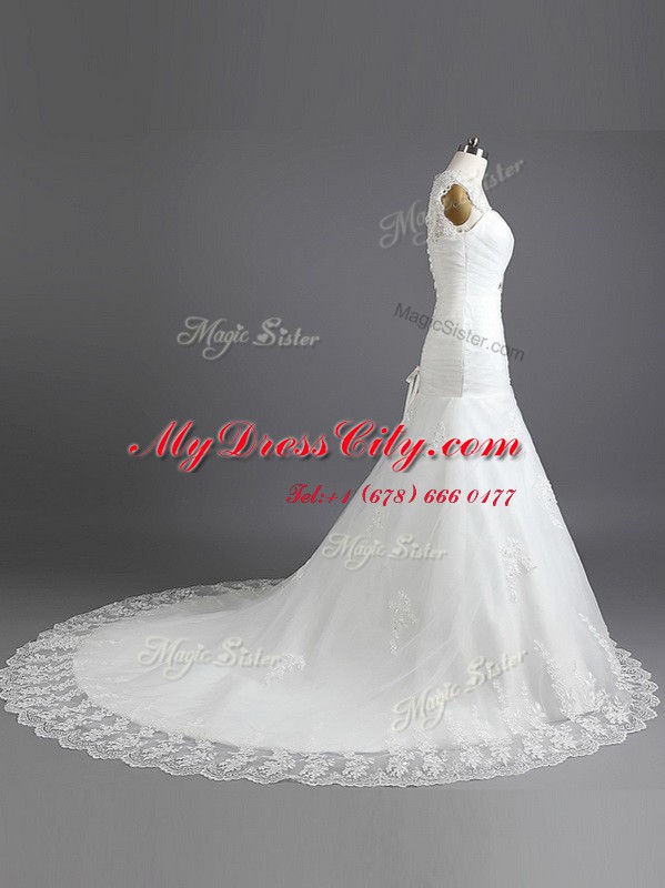 Mermaid Sweetheart Sleeveless Wedding Gown With Train Chapel Train Beading and Lace White Lace