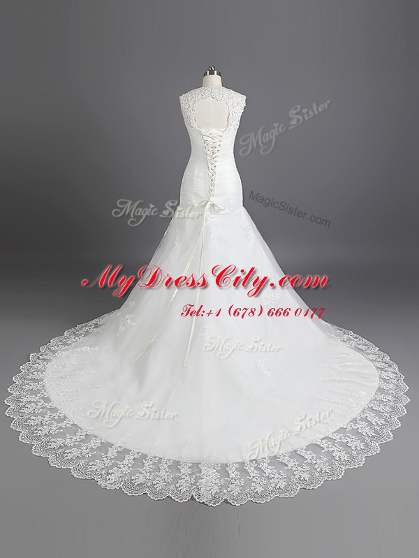 Mermaid Sweetheart Sleeveless Wedding Gown With Train Chapel Train Beading and Lace White Lace