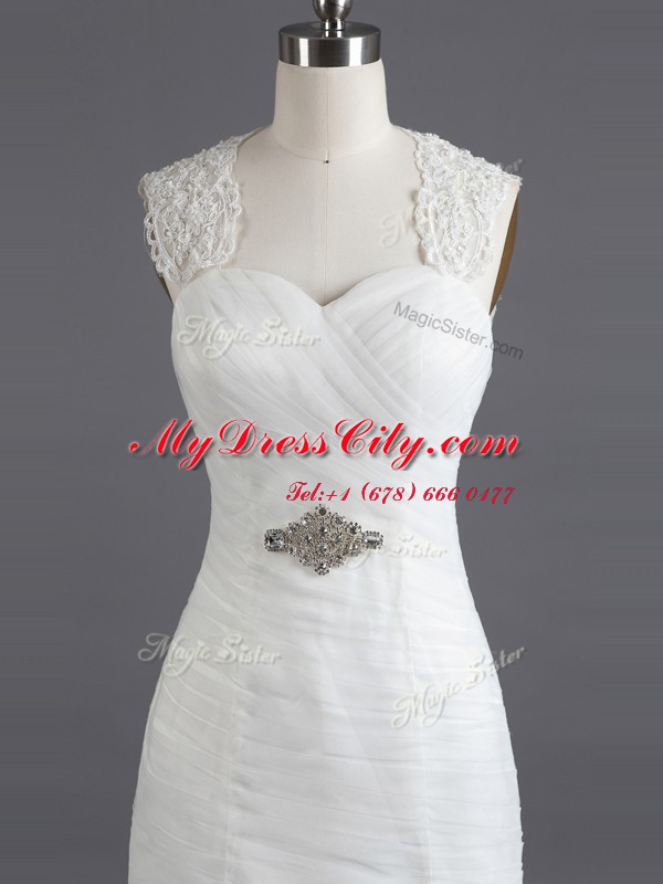 Mermaid Sweetheart Sleeveless Wedding Gown With Train Chapel Train Beading and Lace White Lace