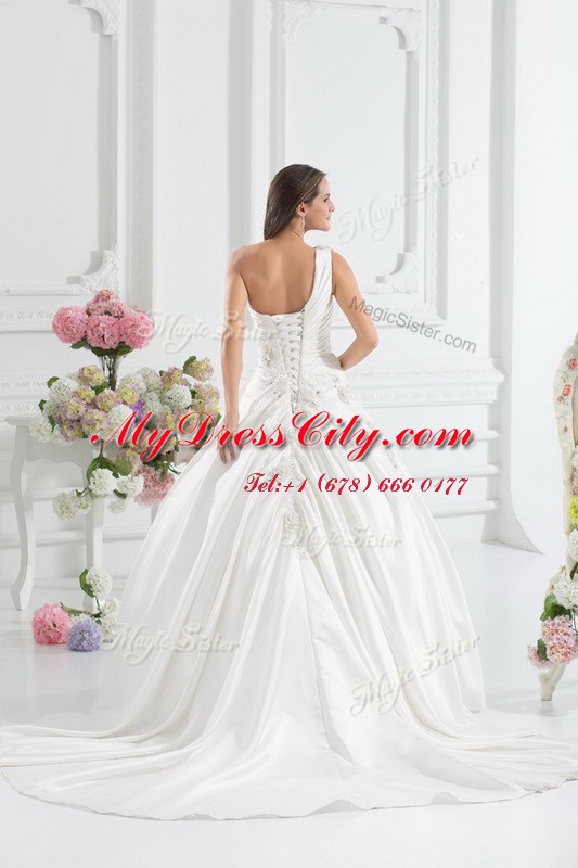 One Shoulder With Train Lace Up Wedding Dresses White for Wedding Party with Beading and Appliques and Hand Made Flower Brush Train