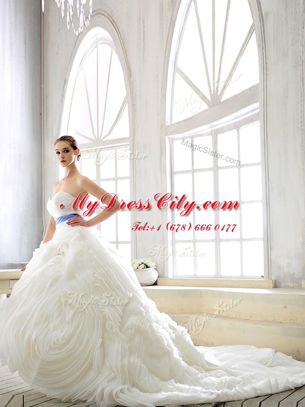 White Ball Gowns Organza Sweetheart Sleeveless Sashes ribbons With Train Lace Up Wedding Dress Court Train