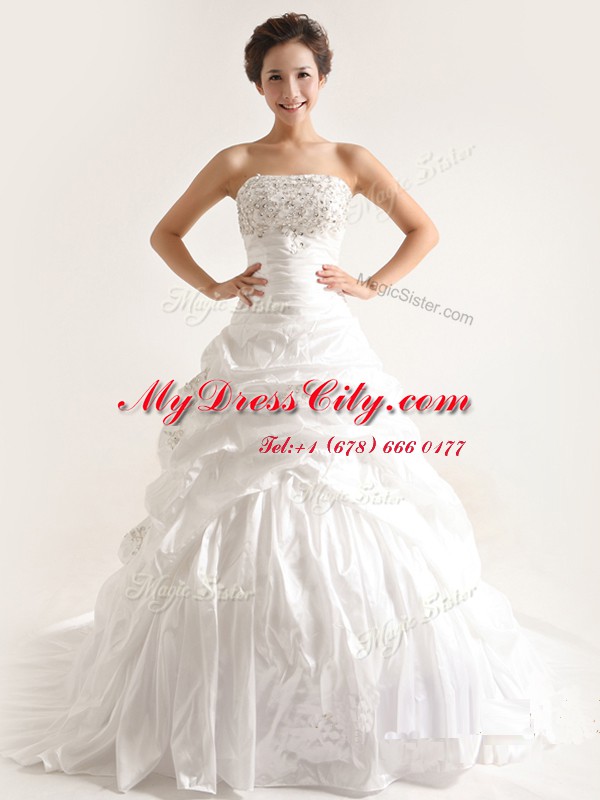 White Strapless Lace Up Beading and Pick Ups Bridal Gown Court Train Sleeveless