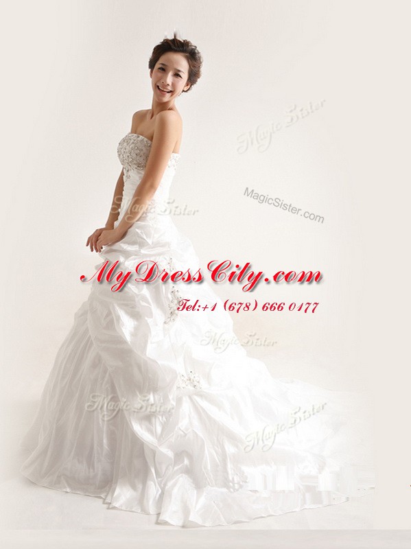 White Strapless Lace Up Beading and Pick Ups Bridal Gown Court Train Sleeveless