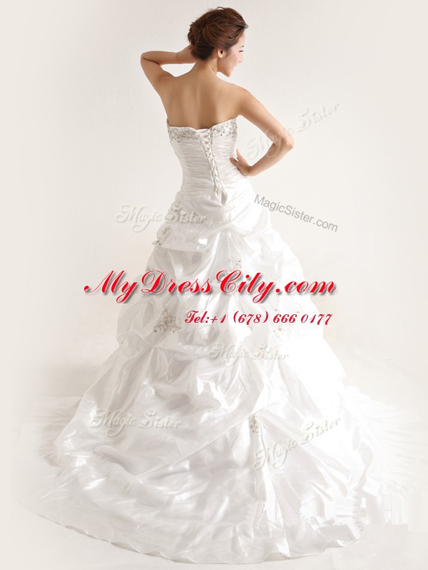 White Strapless Lace Up Beading and Pick Ups Bridal Gown Court Train Sleeveless