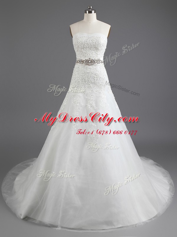 Nice Beading and Lace and Appliques Bridal Gown White Lace Up Sleeveless With Train Court Train